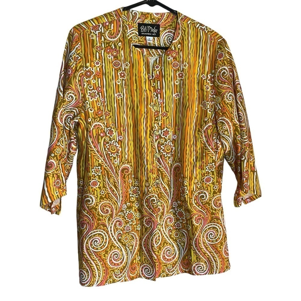 Bob Mackie wearable art linen Henley gold buttons 3/4 length shirt top Medium
